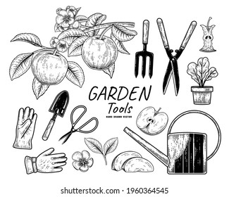 Sketch vector set of gardening tools. Fork, Trowel, Plant pot, Watering can, Gloves, Scissors, Apple branch, Half, Core and Slice Hand drawn illustration