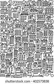 Sketch vector set of houses in doodle style.Vector Illustration