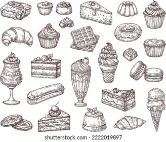 Sketch vector set of sweets, desserts, baked goods, candy in vintage style. Hand drawn piece of cake, cheesecake, tiramisu, brownie.