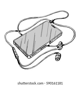 Sketch vector smart phone with headphones and cable. Listen to music.