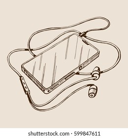 Sketch vector smart phone with headphones and cable. Listen to music. Hand drawn illustration.