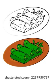 sketch vector snack lemper, set 2, indonesia traditional food from rice, vegetable or potato, covered by banana leaf
