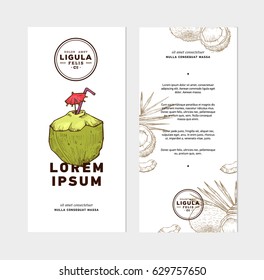 Sketch vector tropical food illustration. Coconut nut vintage design template. Botanical fruit. Engraved coconut. Banner or flyer template.