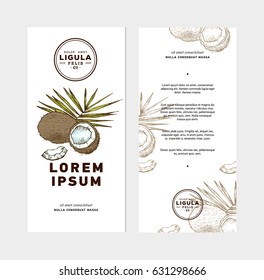Sketch vector tropical food illustration. Coconut nut vintage design template. Botanical fruit. Engraved coconut. Banner or flyer template.