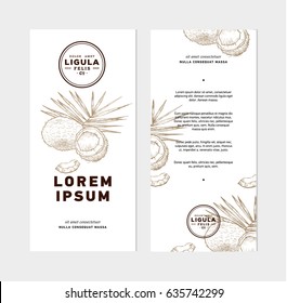 Sketch vector tropical food illustration. Coconut nut vintage design template. Botanical fruit. Engraved coconut. Banner or flyer template.