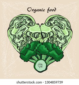 Sketch of vector vegetables in heart. Concept healthy food.