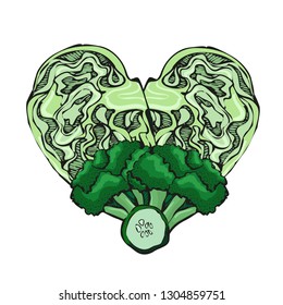 Sketch of vector vegetables in heart. Concept healthy food.
