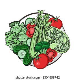 Sketch of vector vegetables on plate. Concept healthy food.