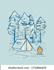 Skizze Vektorillustration eines Winterkoniferenwaldes, Zelt und Feuer. Romantische handgezeichnete blaue Vektorillustration. Design für T-Shirt-Druck, Postkarte, Poster, Deckel