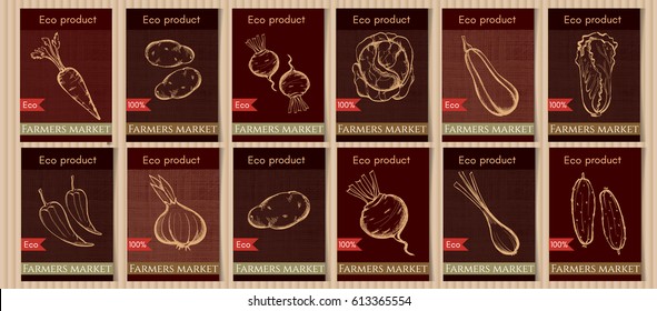 Sketch vegetable banners set. Eco vintage foods. Natural vegetables seeds in packets hand drawn vector. Vegetable seeds packets vintage template