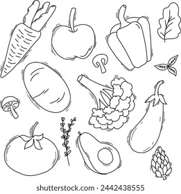 Sketch vegetable icon set vector illustration. Black line contour sketch vegetables, tomato and onion, potato and pepper doodle icon on white background for restaurant menu vintage design