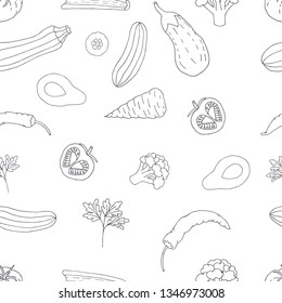 Sketch of vegetables on white bacground. Vector hand drawn seamless texture.