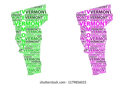 Sketch Vermont (United States of America) letter text map, Vermont map - in the shape of the continent, Map Vermont - green and purple vector illustration