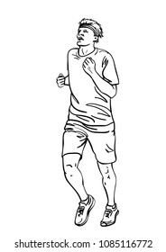 Sketch of very tired running man, Hand drawn vector linear illustration