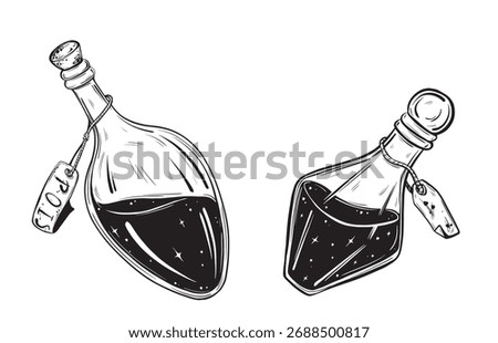 Sketch of vial of potion. Hand drawn ink vector illustration of poison bottle. Linear graphic elements for Halloween design isolated on white background.