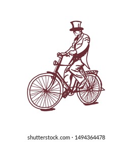 Sketch of Victorian man riding a bicycle,Victorian Era steampunk vector line art Hand drawn illustration
