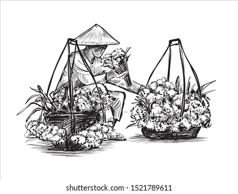 Sketch Vietnamese flowers sale street in Ho Chi Minh city  hand draw
