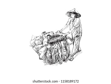 Sketch of a vietnamese woman seller things on street in Ho Chi Minh city Vietnam