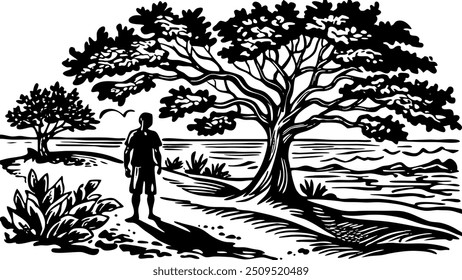 Skizze eines Baumes auf dem Strand, Vektorgrafik