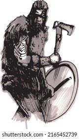 Sketch of viking warrior in full with ax aggressively attacks