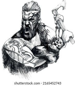 Sketch of viking warrior in full with ax aggressively attacks