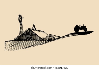 Sketch of village barn, tractor and windmill. Vector rural landscape illustration. Hand drawn farm, agricultural homestead for poster, card etc.