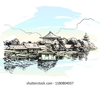 Sketch of village houses on water with Buddhist temples and mountains, Hand drawn vector illustration on watercolor background