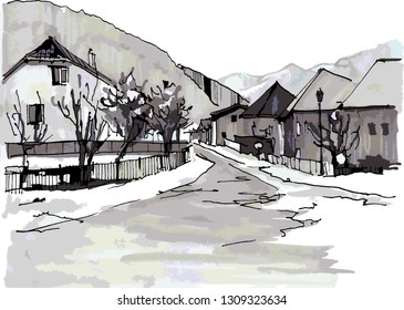 Sketch of a village road with houses and trees in winter. Hand drawn ink sketch