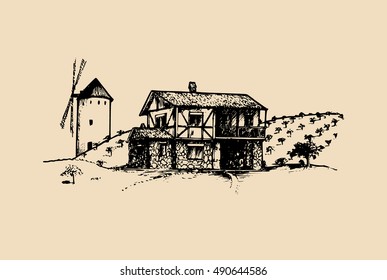 Sketch of village with windmill, fields and peasant's house. Vector rural landscape illustration. Hand drawn mediterranean farm homestead for poster, card etc.  