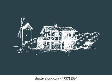 Sketch of village with windmill, fields and peasant's house. Vector rural landscape illustration. Hand drawn mediterranean farm homestead for poster, card etc.  