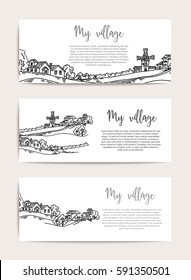 Sketch of the village with windmill, vector illustration set of banners