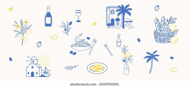 Sketch Vintage Amalfi Style Element. Mediterranean life Atmosphere Food Drink Symbol. Hand Drawn Travel Card, Wedding Invitation, Poster Print Design, Postcard Surface. Outline Line Stroke Icon Art.