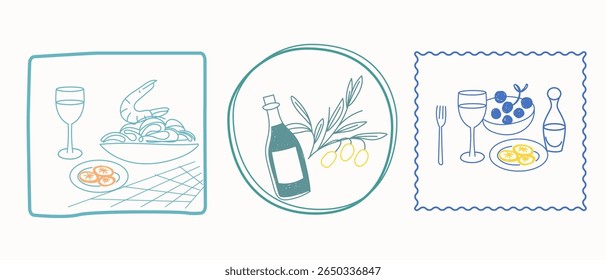 Sketch Vintage Amalfi Style Poster. Mediterranean life Atmosphere Food Drink Symbol. Hand Drawn Travel Card, Wedding Invitation, Poster Print Design, Postcard Surface. Outline Line Stroke Icon Art.