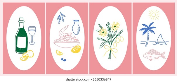 Sketch Vintage Amalfi Style Poster. Mediterranean life Atmosphere Food Drink Symbol. Hand Drawn Travel Card, Wedding Invitation, Poster Print Design, Postcard Surface. Outline Line Stroke Icon Art.
