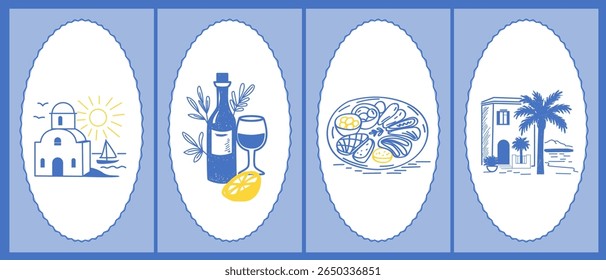 Sketch Vintage Amalfi Style Poster. Mediterranean life Atmosphere Food Drink Symbol. Hand Drawn Travel Card, Wedding Invitation, Poster Print Design, Postcard Surface. Outline Line Stroke Icon Art.