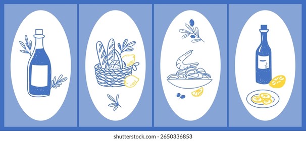 Sketch Vintage Amalfi Style Poster. Mediterranean life Atmosphere Food Drink Symbol. Hand Drawn Travel Card, Wedding Invitation, Poster Print Design, Postcard Surface. Outline Line Stroke Icon Art.