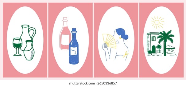 Sketch Vintage Amalfi Style Poster. Mediterranean life Atmosphere Food Drink Symbol. Hand Drawn Travel Card, Wedding Invitation, Poster Print Design, Postcard Surface. Outline Line Stroke Icon Art.