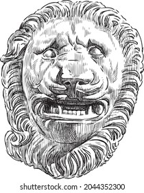 Sketch of vintage architectural detail in shape of growling lion head on wall old building