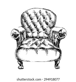 Sketch vintage armchair. Black ink on white back. Vector illustration.