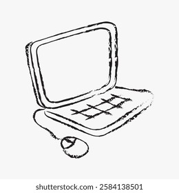 Sketch of a vintage computer with a mouse. Hand-drawn style computer illustration. Retro computer design with a classic monitor and mouse. Line art illustration vector.