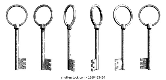 Sketch of a vintage key from various angles