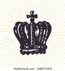 Sketch of vintage king crown in golden rays. Hand drawn design element with light burst. Shining of power background. Vector illustration.