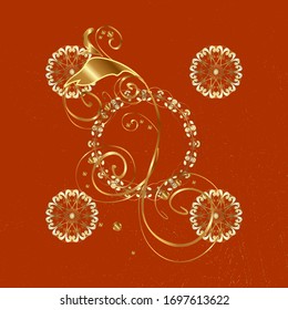 Esboza el patrón vintage en colores naranja y marrón con elementos dorados.Navidad, copo de nieve, año nuevo. Dibujo dorado en colores naranja y marrón con elementos dorados.
