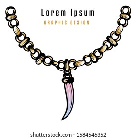 Sketch of vintage pendant with decorative canine tooth at gold chain. Jewellery fashionable icon. Hand drawn design element for border or card. Vector illustration.