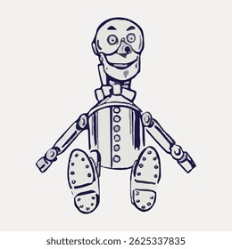 Sketch of a vintage puppet with a bow tie, buttons, and articulated limbs. Puppet illustration with a whimsical expression and classic design. Vintage art illustration vector.