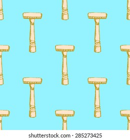 Sketch vintage razor in vintage style, vector seamless pattern