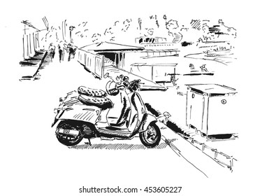 Sketch of vintage scooters on a beach. Vector illustration