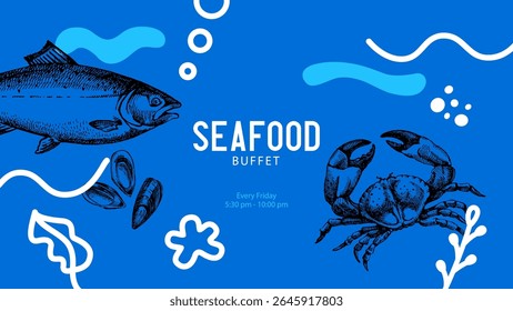 Esboço colagem de frutos do mar vintage. Plano de fundo de ilustração de vetor desenhado à mão. Salmão, caranguejo, ostras