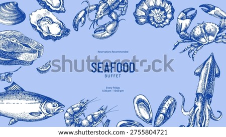 Sketch vintage seafood frame. Hand drawn vector illustration background. Salmon, crab, shrimps, lobster, oysters, squid set