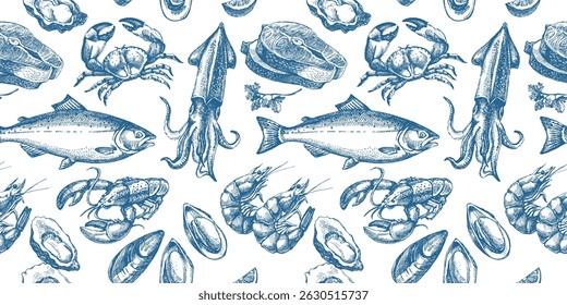 Sketch vintage seafood seamless pattern. Hand drawn vector illustration background